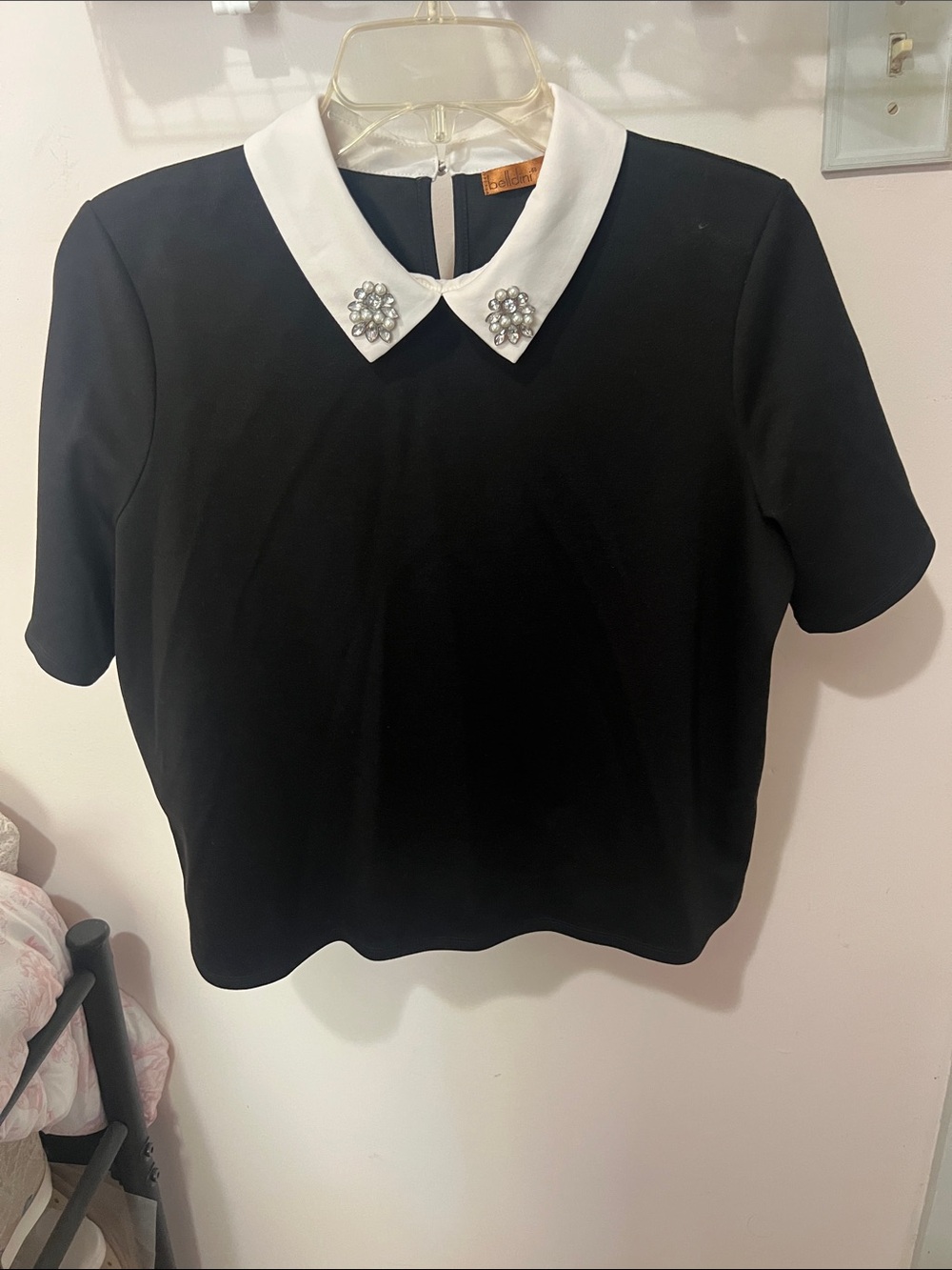 Belldini Black Short Sleeve Top with White Jewel-Embellished Collar